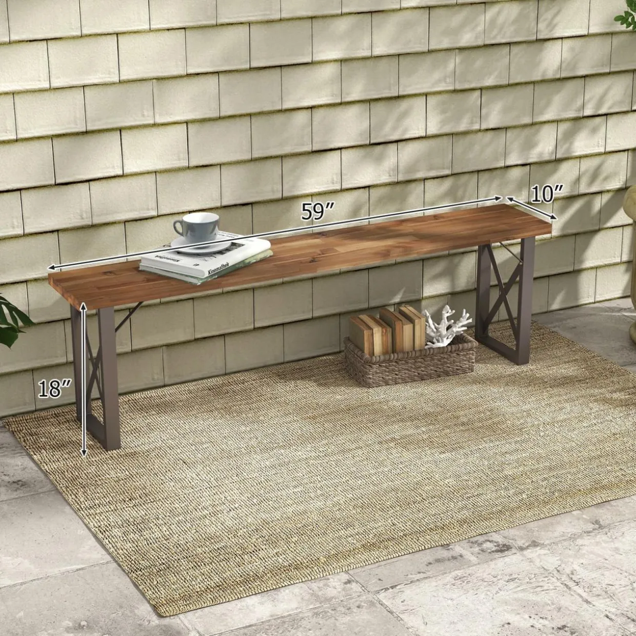 Tangkula 2 Pack Acacia Wood Outdoor Bench, 59 Inches Patio Bench with Metal Frame, 800 LBS Max Load