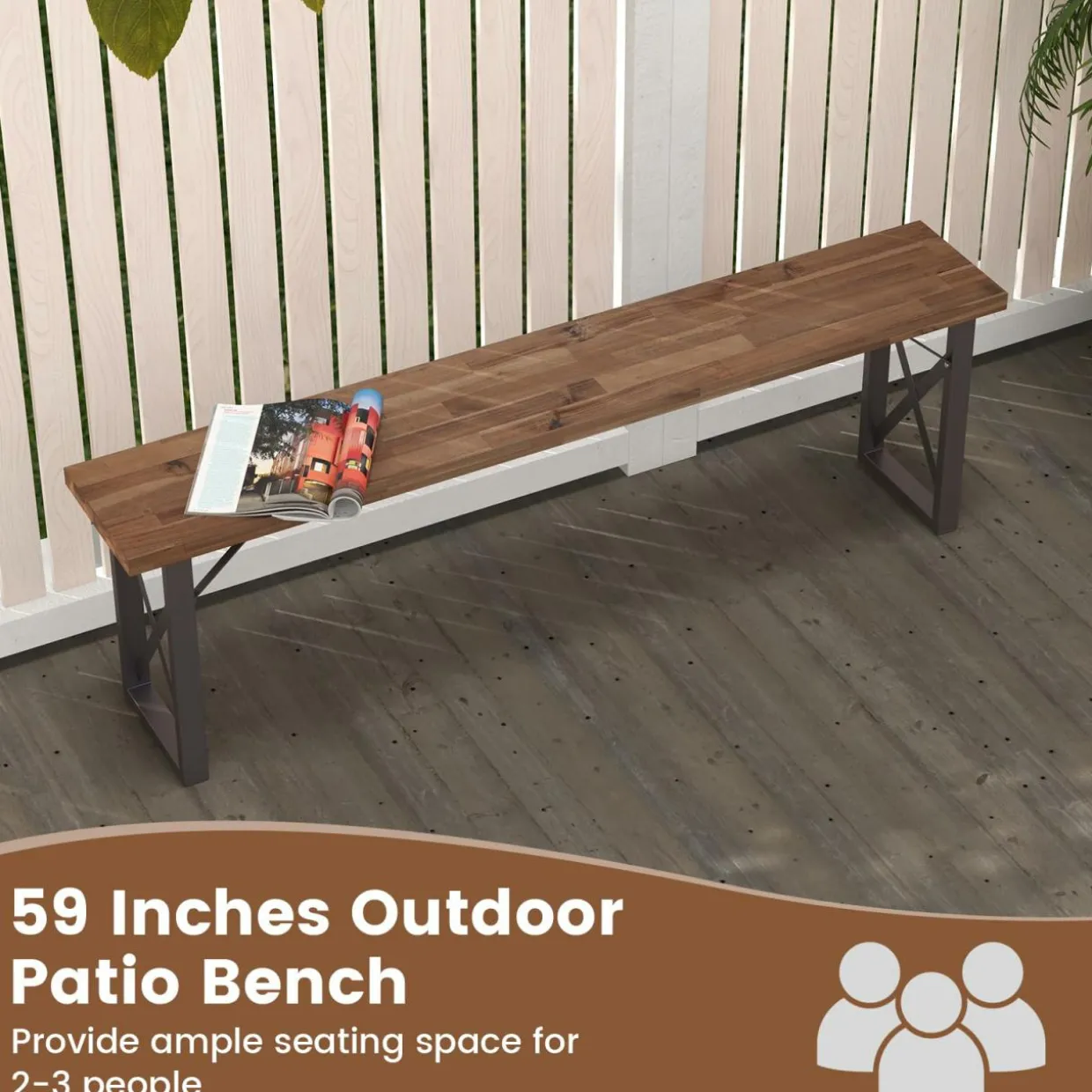 Tangkula 2 Pack Acacia Wood Outdoor Bench, 59 Inches Patio Bench with Metal Frame, 800 LBS Max Load