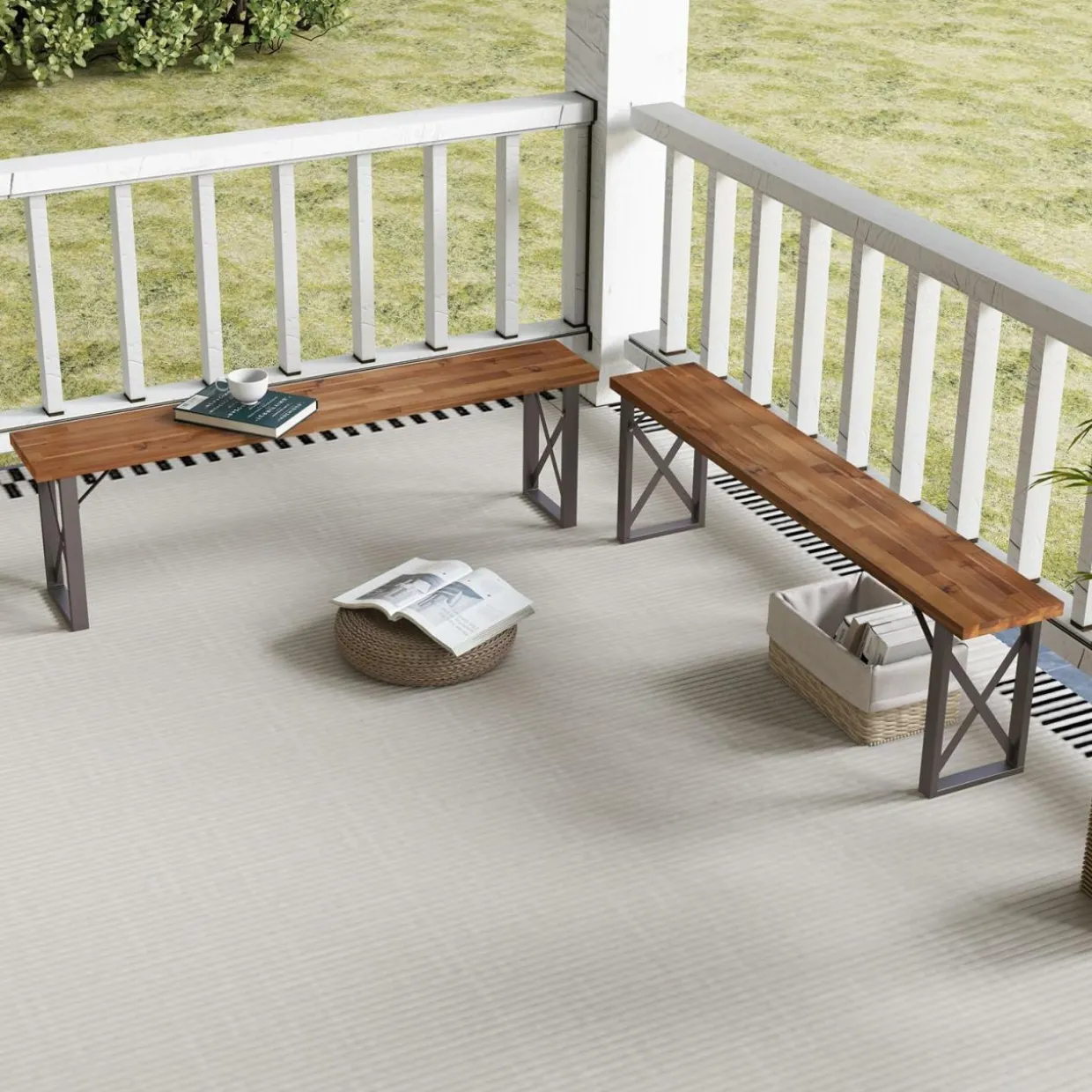 Tangkula 2 Pack Acacia Wood Outdoor Bench, 59 Inches Patio Bench with Metal Frame, 800 LBS Max Load