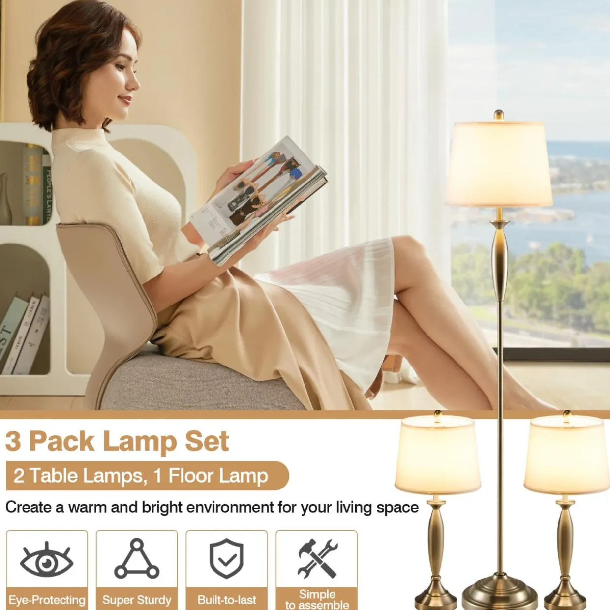 Tangkula 3 Pack Lamp Set, 2 Table Lamps & 1 Floor Lamp, 3-Piece Modern Lamp Set (Nickle)