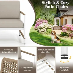 Tangkula 2 Packs Patio Aluminum Sofa, Modern Armchairs w/Wicker Backrest & Armrests, Seat & Back Cushions Included