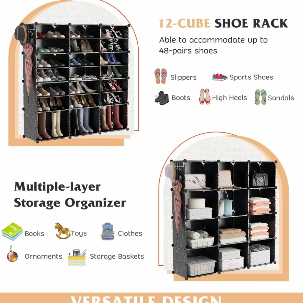 Tangkula 48 Pairs Shoe Rack Organizer, 12-Cube Shoe Storage Cabinet with Removable Shelf