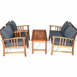 Tangkula 4 PCS Acacia Wood Patio Furniture Set, Outdoor Seating Chat Set with Gray Cushions & Back Pillow