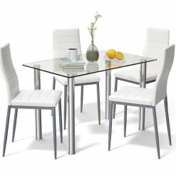 Tangkula 5 PCS Dining Table Set Modern Tempered Glass Top and PVC Leather Chair
