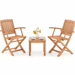 Tangkula 3 PCS Eucalyptus Wood Patio Bistro Set, Wooden Adirondack Side Table with 2 Folding Arm Chairs
