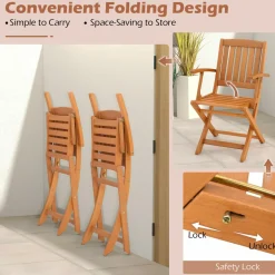 Tangkula 3 PCS Eucalyptus Wood Patio Bistro Set, Wooden Adirondack Side Table with 2 Folding Arm Chairs