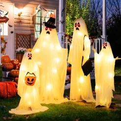 Tangkula 4 PCS Halloween Lighted Standing Ghost Family with Red & Warm White LED Lights