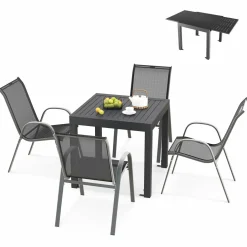 Tangkula 5 PCS Outdoor Dining Table Set, Patio Furniture Set w/Extendable Aluminum Table & 4 Stackable Chairs