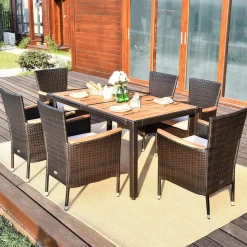 Tangkula 7 PCS Outdoor Patio Dining Set, Garden Dining Set w/Acacia Wood Table Top