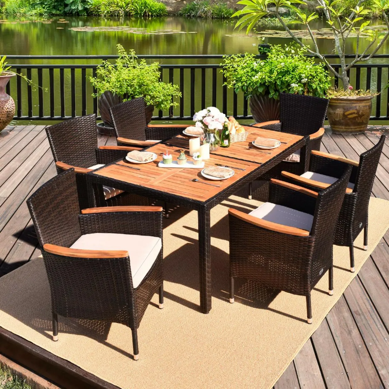 Tangkula 7 PCS Outdoor Patio Dining Set, Garden Dining Set w/Acacia Wood Table Top