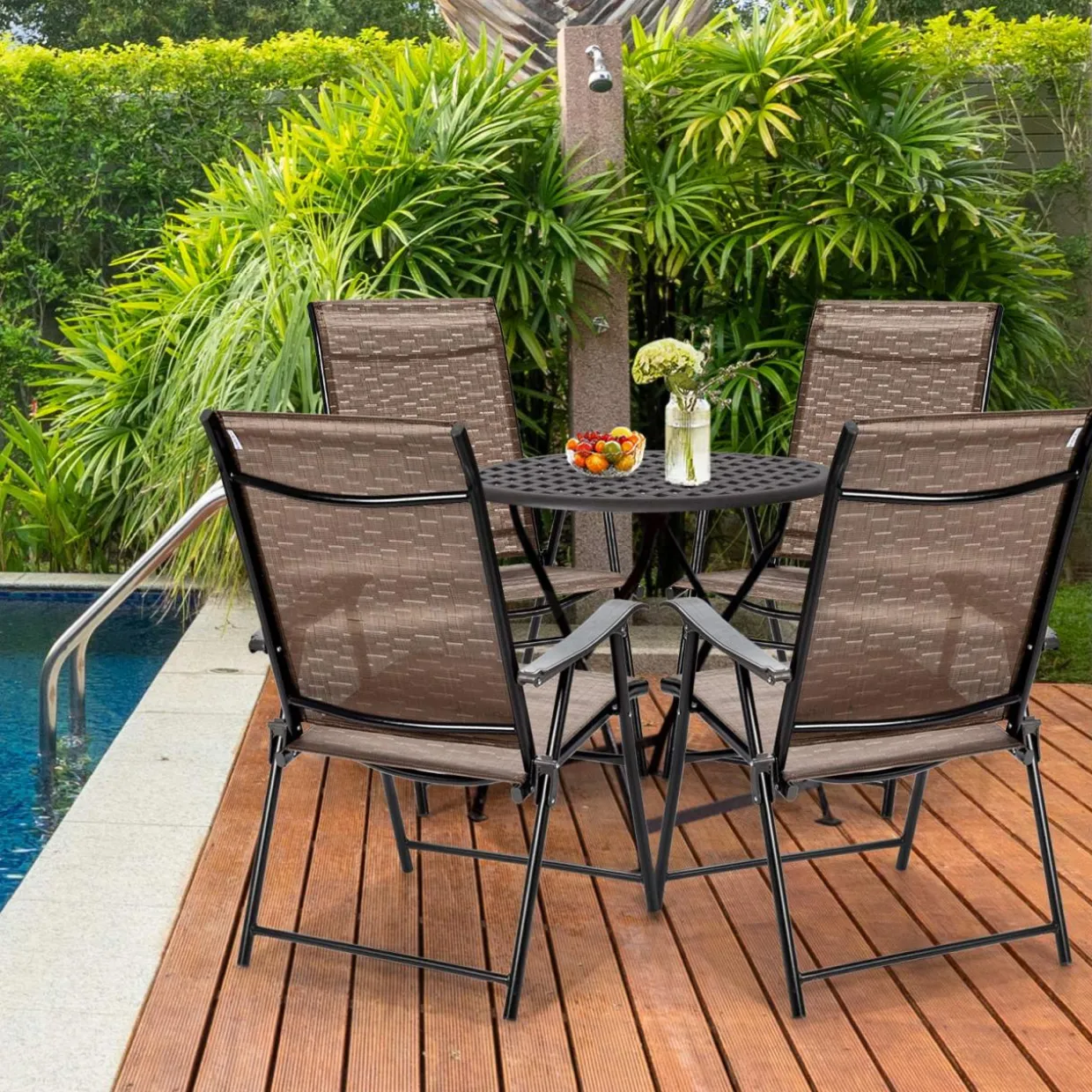 Tangkula 4 Pcs Outdoor Patio Chair, Space Saving Stackable Portable Steel Frame Lawn Poolside Backyard