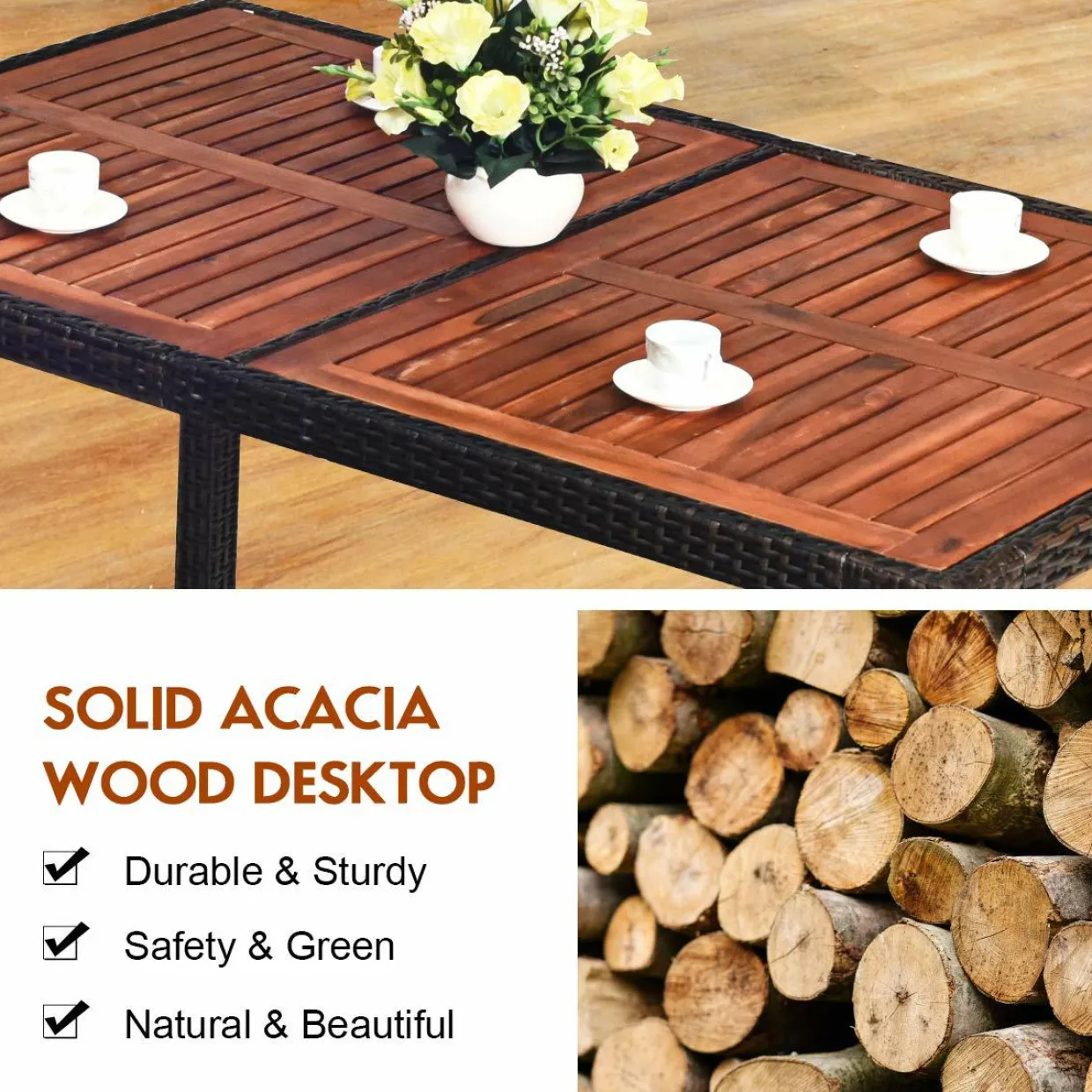 Tangkula 7 PCS Outdoor Patio Dining Set, Garden Dining Set w/Acacia Wood Table Top