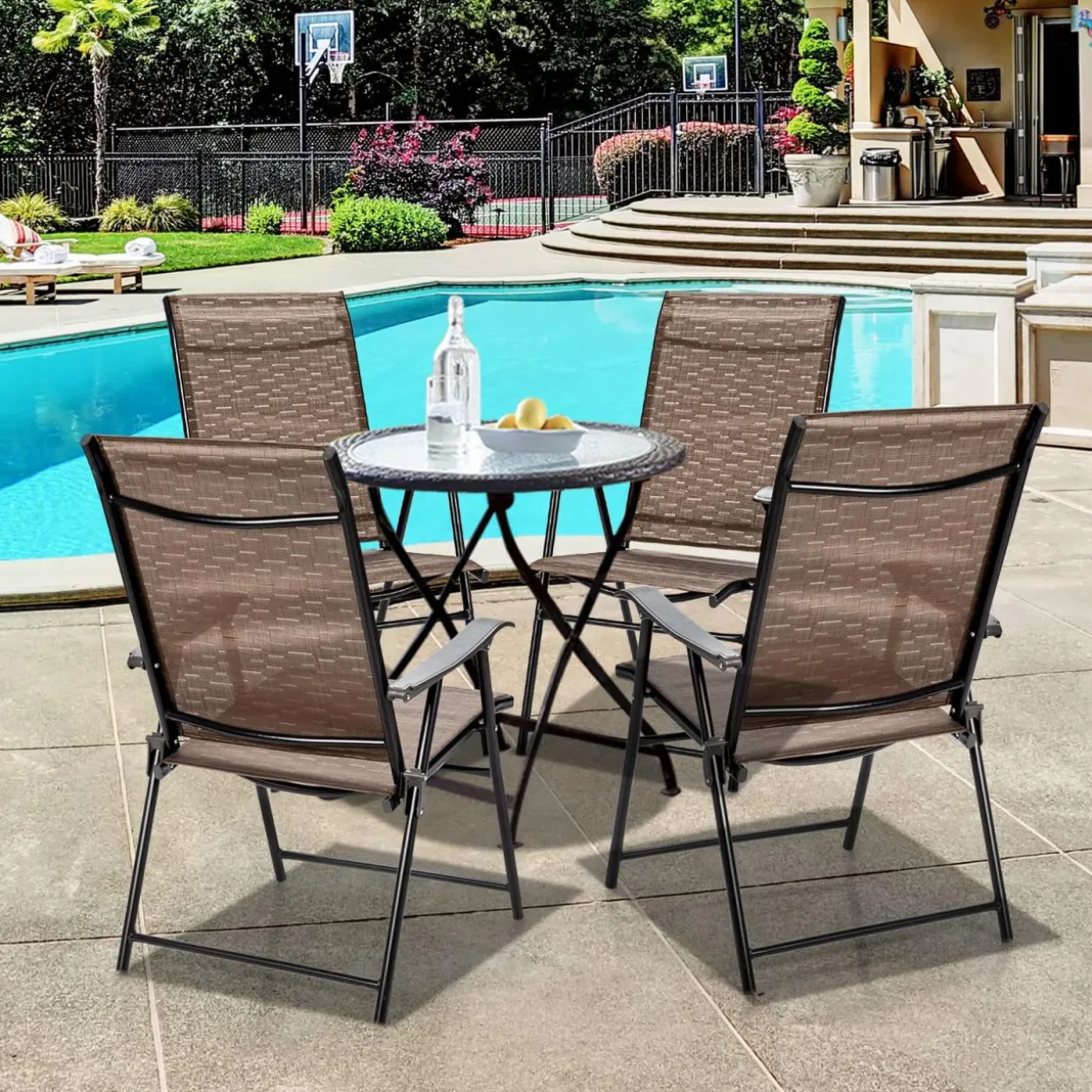 Tangkula 4 Pcs Outdoor Patio Chair, Space Saving Stackable Portable Steel Frame Lawn Poolside Backyard