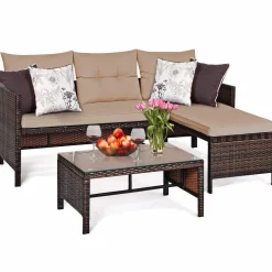 Tangkula 3 PCS Outdoor Rattan Furniture Sofa Set