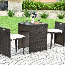 Tangkula 3 PCS Outdoor Rattan Dining Set (Brown)