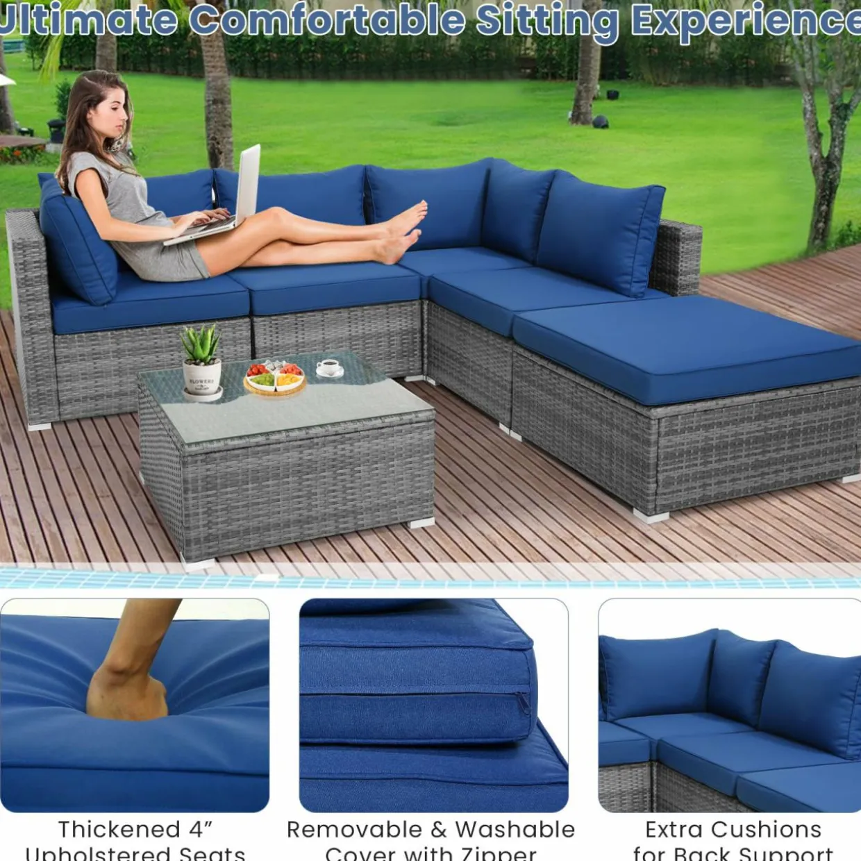 Tangkula 6 PCS Outdoor Rattan Sofa Set, Cushioned Sectional Set with Seat & Back Cushions