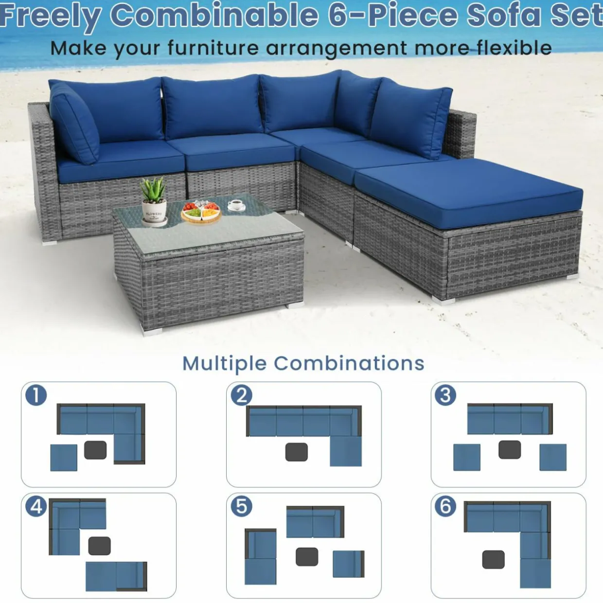 Tangkula 6 PCS Outdoor Rattan Sofa Set, Cushioned Sectional Set with Seat & Back Cushions