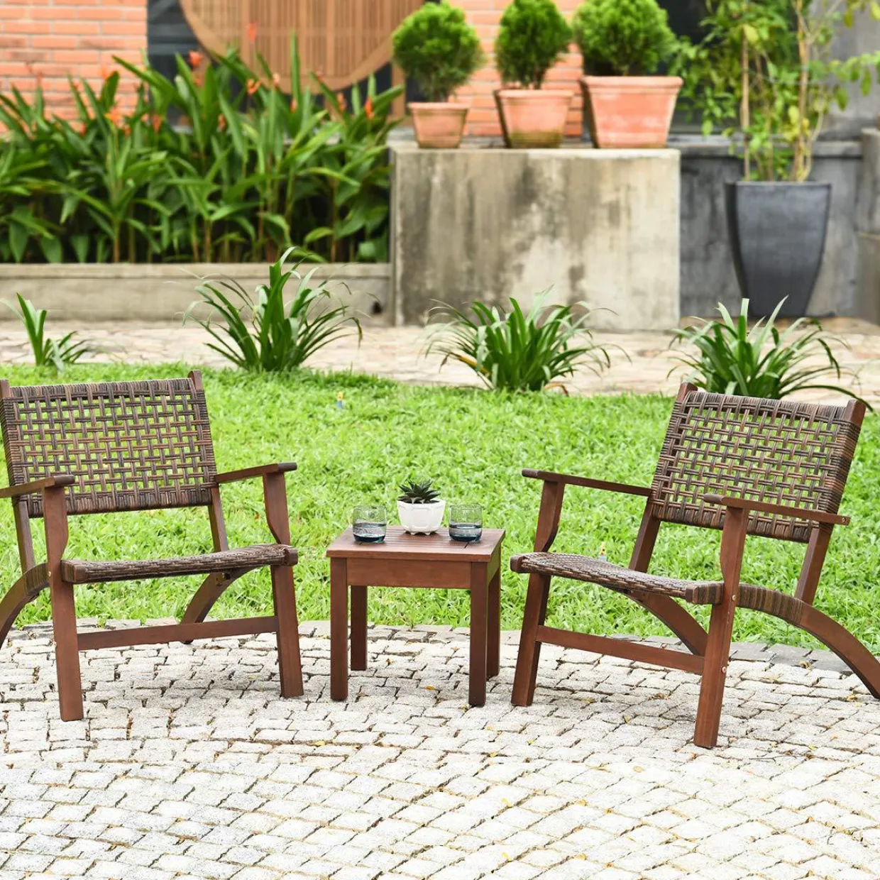 Tangkula 3 PCS Patio Conversation Set (Brown)