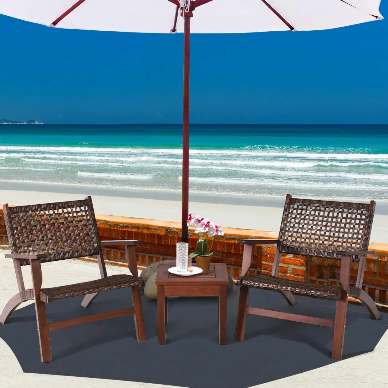 Tangkula 3 PCS Patio Conversation Set (Brown)
