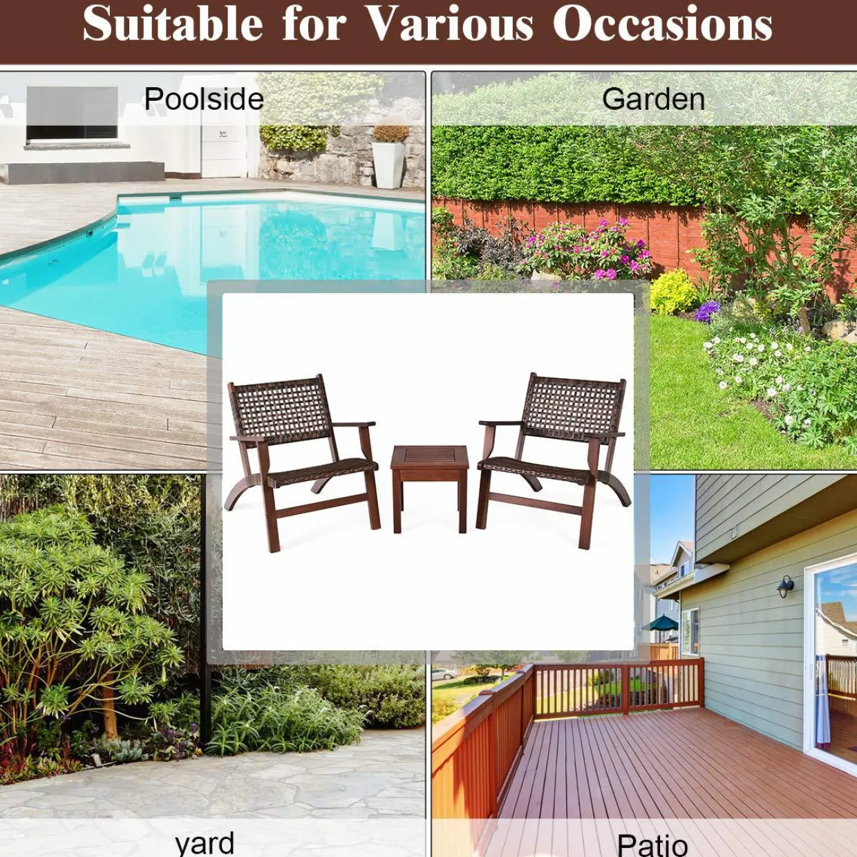 Tangkula 3 PCS Patio Conversation Set (Brown)