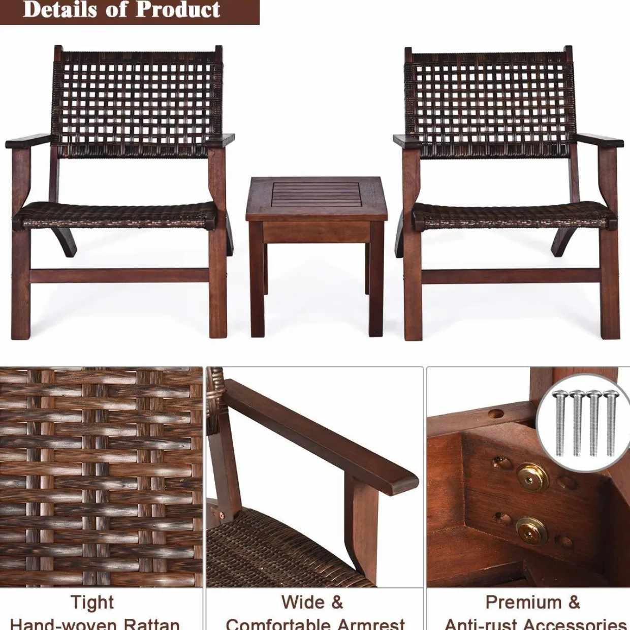 Tangkula 3 PCS Patio Conversation Set (Brown)