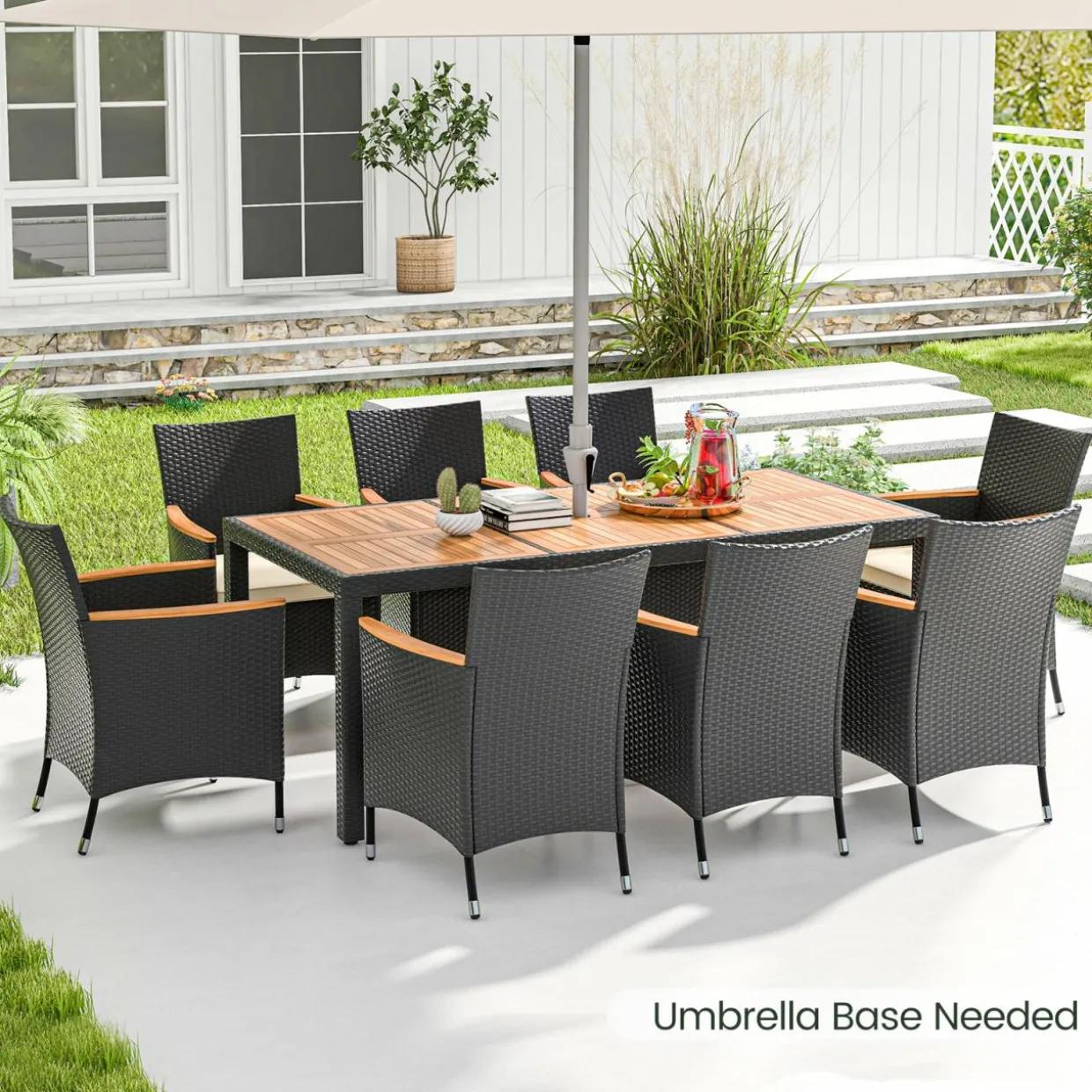 Tangkula 9 PCS Patio Dining Set for 8, Large Conversation Set with Umbrella Hole, Seat Cushion & Acacia Wood Tabletop