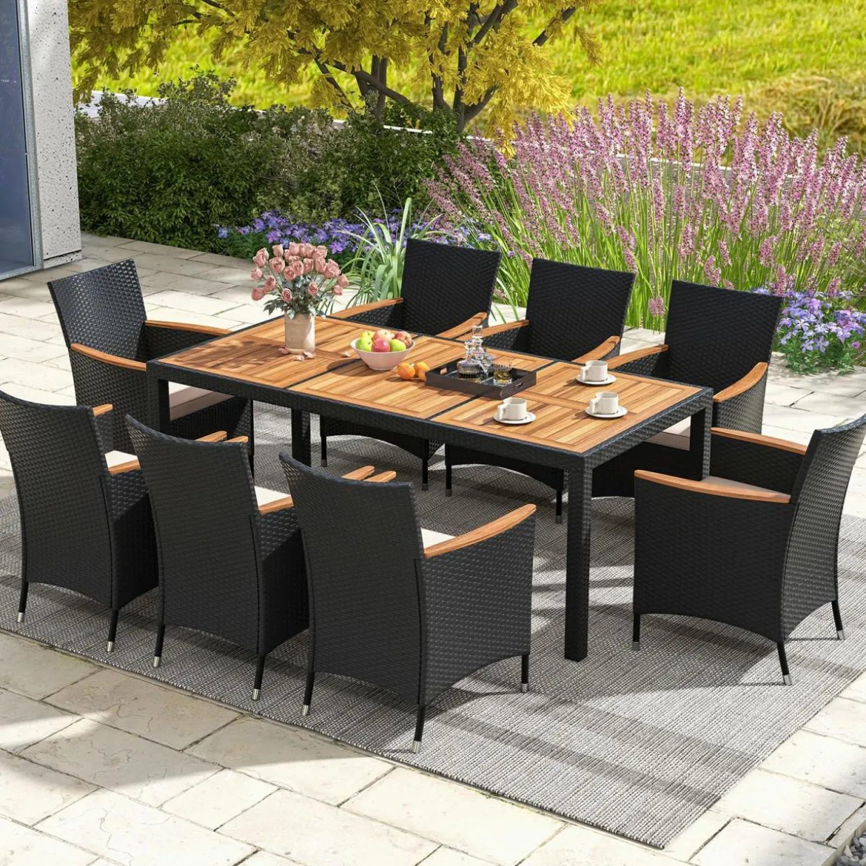 Tangkula 9 PCS Patio Dining Set for 8, Large Conversation Set with Umbrella Hole, Seat Cushion & Acacia Wood Tabletop