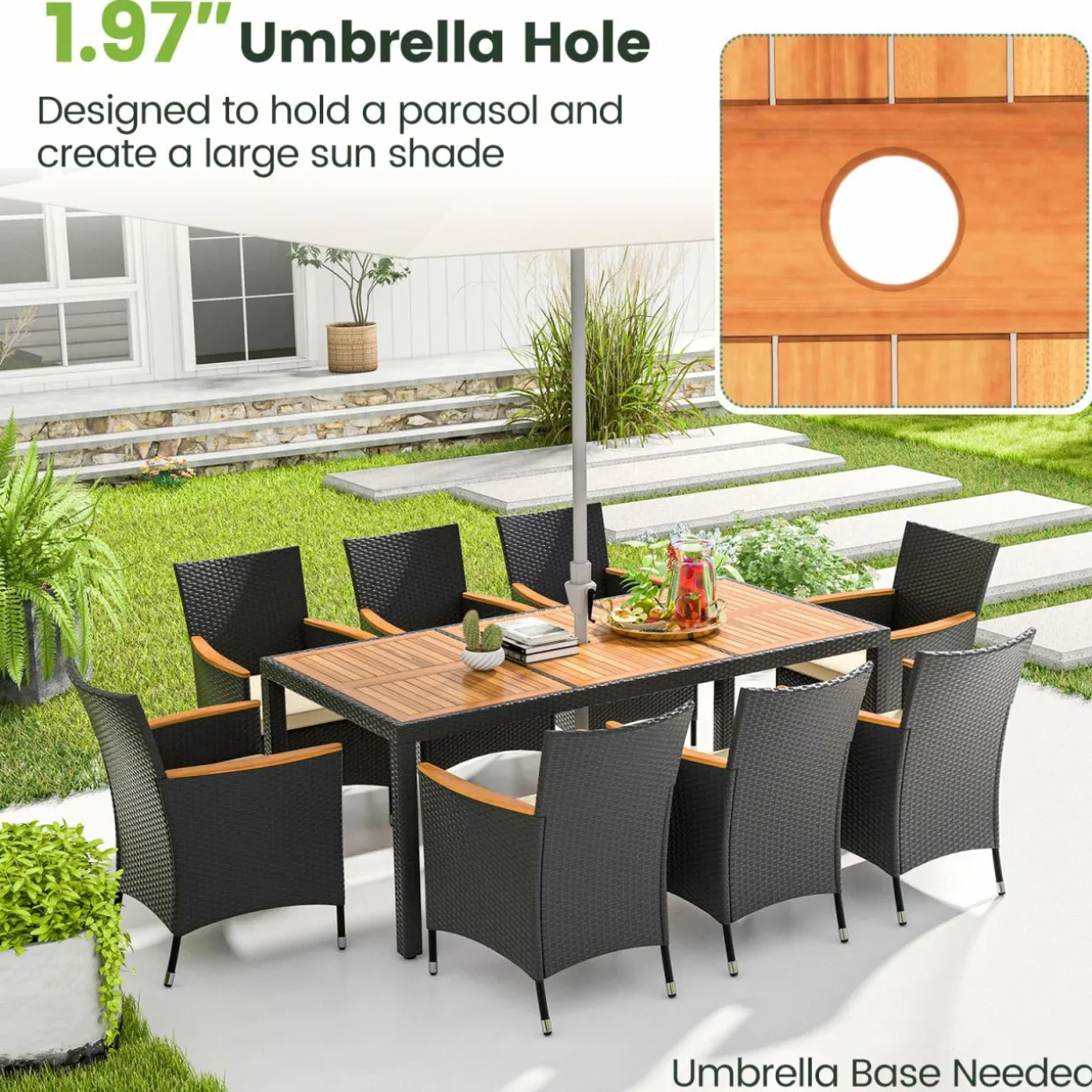 Tangkula 9 PCS Patio Dining Set for 8, Large Conversation Set with Umbrella Hole, Seat Cushion & Acacia Wood Tabletop