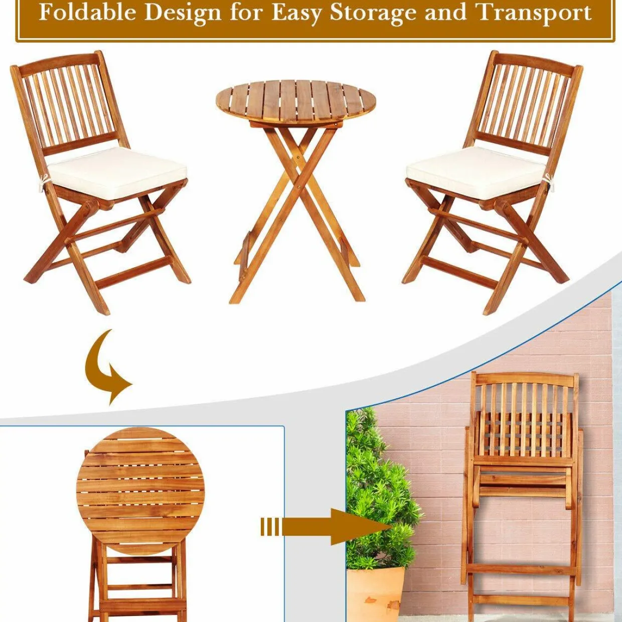 Tangkula 3 PCS Patio Folding Bistro Set, Outdoor Acacia Wood Chair and Table Set