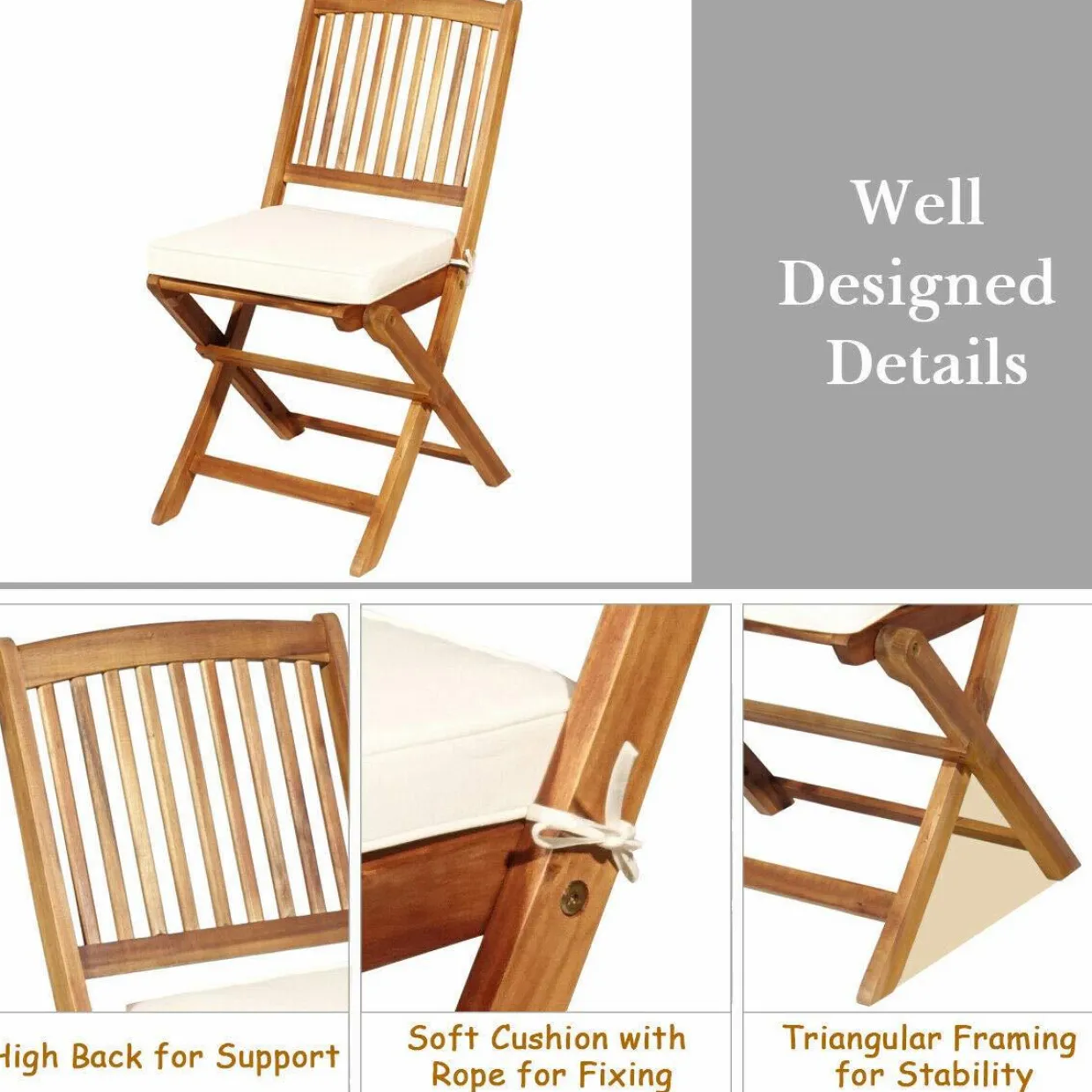 Tangkula 3 PCS Patio Folding Bistro Set, Outdoor Acacia Wood Chair and Table Set