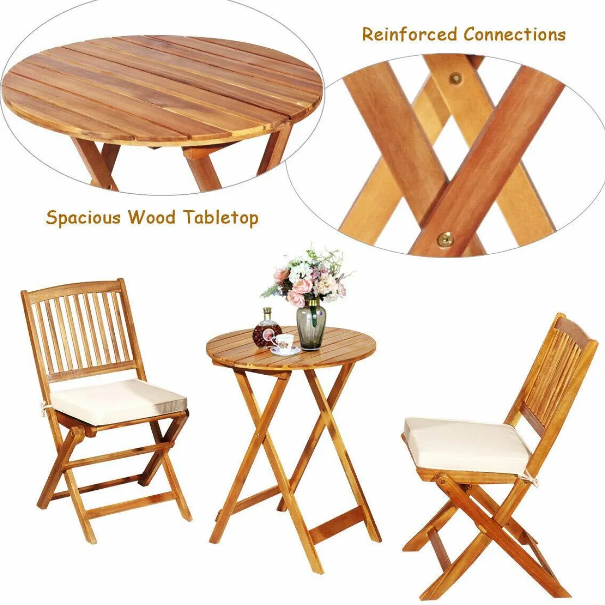 Tangkula 3 PCS Patio Folding Bistro Set, Outdoor Acacia Wood Chair and Table Set