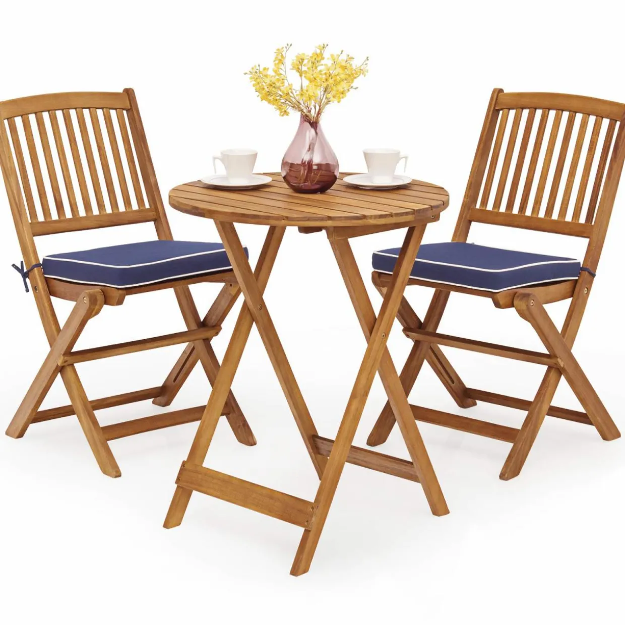 Tangkula 3 PCS Patio Folding Bistro Set, Outdoor Acacia Wood Chair and Table Set
