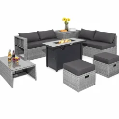 Tangkula 9 PCS Patio Furniture Set with 42” 60,000 BTU Fire Pit, Outdoor Space-Saving Sectional Sofa Set with Storage Box