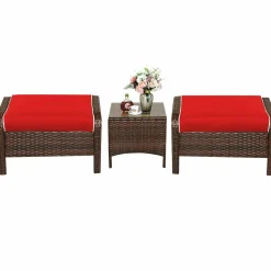 Tangkula 3 PCS Patio Rattan Wicker Furniture Set, 2 Ottomans & Coffee Table