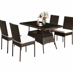 Tangkula 5 PCS Patio Wicker Dining Set, Outdoor Rattan Table and Chairs with w/Tempered Glass Table Top & Padded Cushions