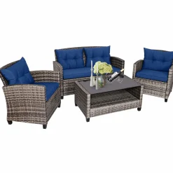 Tangkula 4 PCS Patio Wicker Conversation Furniture Set, Outdoor Rattan Sofa Set with Padded Cushion & Tempered Glass Coffee Table