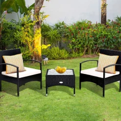 Tangkula 3 PCS Patio Wicker Rattan Furniture Set, Rattan Chair with Coffee Table
