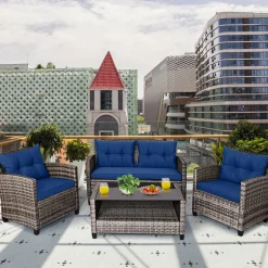 Tangkula 4 PCS Patio Wicker Conversation Furniture Set, Outdoor Rattan Sofa Set with Padded Cushion & Tempered Glass Coffee Table