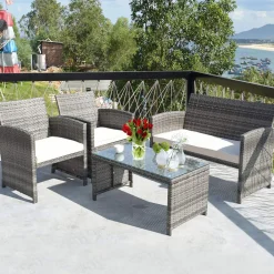 Tangkula 4/8 PCS Wicker Patio Conversation Set, Outdoor Rattan Sofas with Table Set