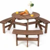 Tangkula 6 Person Cedar Wood Picnic Table, Outdoor Round Picnic Table with 3 Built-in Benches, Umbrella Hole, Outside Table and Bench Set