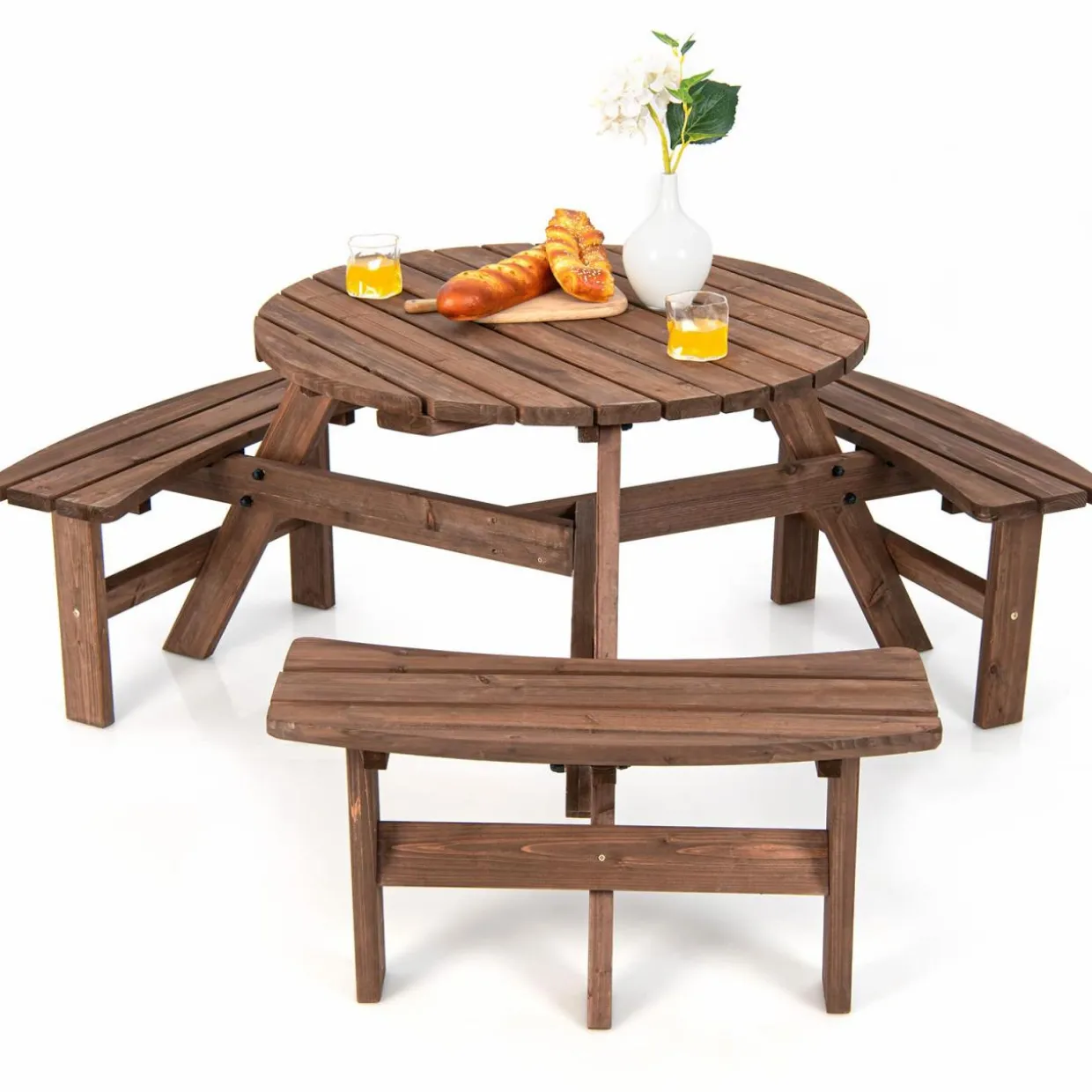 Tangkula 6 Person Cedar Wood Picnic Table, Outdoor Round Picnic Table with 3 Built-in Benches, Umbrella Hole, Outside Table and Bench Set
