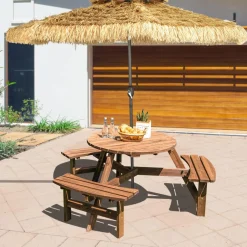 Tangkula 6 Person Cedar Wood Picnic Table, Outdoor Round Picnic Table with 3 Built-in Benches, Umbrella Hole, Outside Table and Bench Set