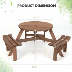 Tangkula 6 Person Cedar Wood Picnic Table, Outdoor Round Picnic Table with 3 Built-in Benches, Umbrella Hole, Outside Table and Bench Set