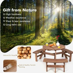 Tangkula 6 Person Cedar Wood Picnic Table, Outdoor Round Picnic Table with 3 Built-in Benches, Umbrella Hole, Outside Table and Bench Set
