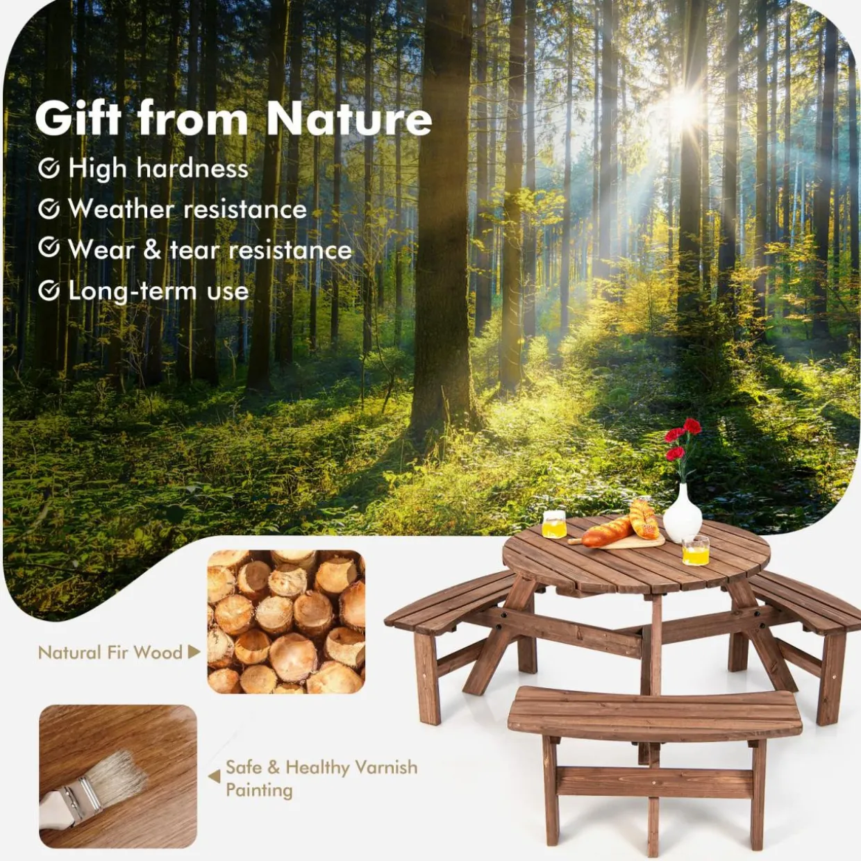 Tangkula 6 Person Cedar Wood Picnic Table, Outdoor Round Picnic Table with 3 Built-in Benches, Umbrella Hole, Outside Table and Bench Set