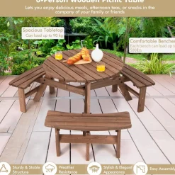 Tangkula 6 Person Cedar Wood Picnic Table, Outdoor Round Picnic Table with 3 Built-in Benches, Umbrella Hole, Outside Table and Bench Set