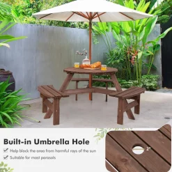 Tangkula 6 Person Cedar Wood Picnic Table, Outdoor Round Picnic Table with 3 Built-in Benches, Umbrella Hole, Outside Table and Bench Set