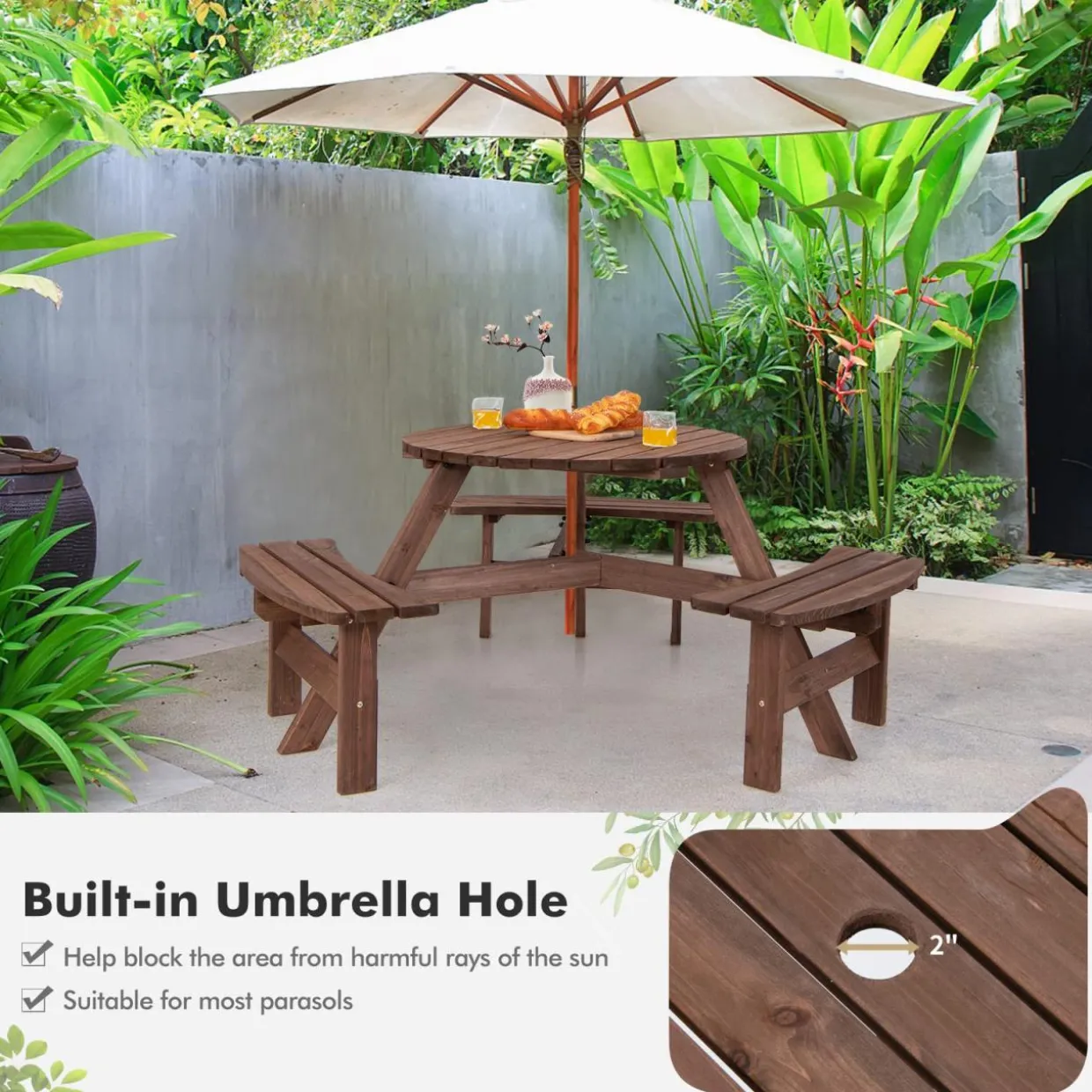 Tangkula 6 Person Cedar Wood Picnic Table, Outdoor Round Picnic Table with 3 Built-in Benches, Umbrella Hole, Outside Table and Bench Set
