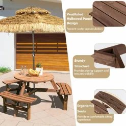 Tangkula 6 Person Cedar Wood Picnic Table, Outdoor Round Picnic Table with 3 Built-in Benches, Umbrella Hole, Outside Table and Bench Set