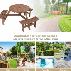 Tangkula 6 Person Cedar Wood Picnic Table, Outdoor Round Picnic Table with 3 Built-in Benches, Umbrella Hole, Outside Table and Bench Set